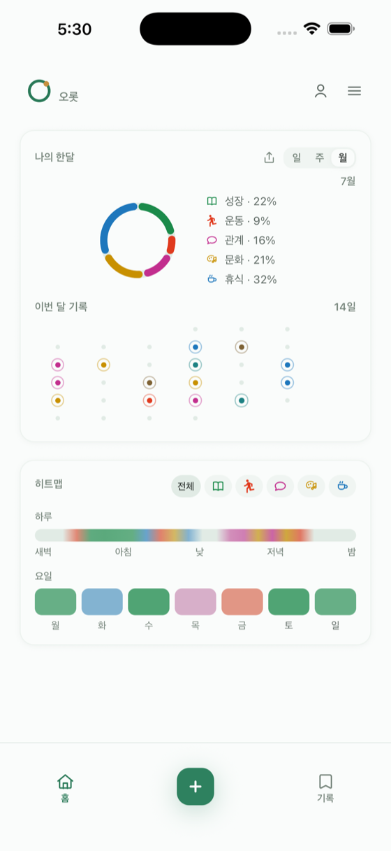 오롯 홈 화면 — 한 달 요약과 색 달력, 히트맵으로 하루가 색으로 되비친다